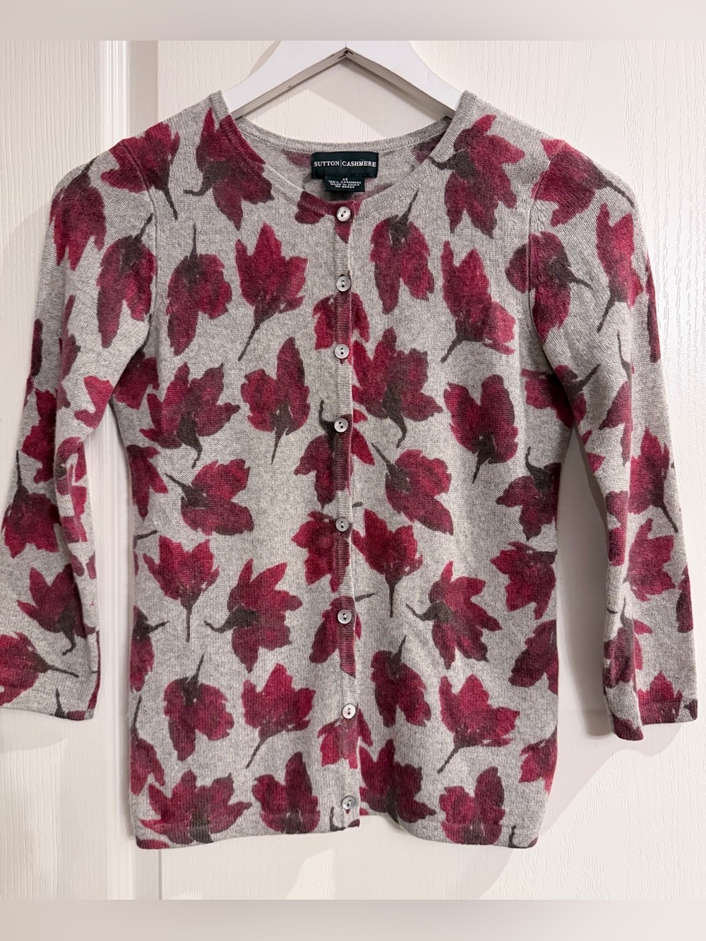 Sutton Cashmere Women's Cardigan with Burgundy Floral Print